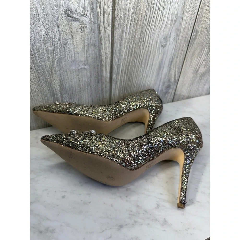 Belle Badgley Mischka Womens Gold Glitter Crystal Embellished Pumps Heels 8.5